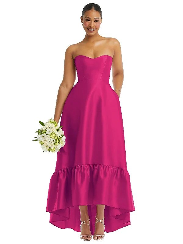 Budget Friendly Luxe Layering Strapless Deep Ruffle Hem Satin High Low Dress with Pockets