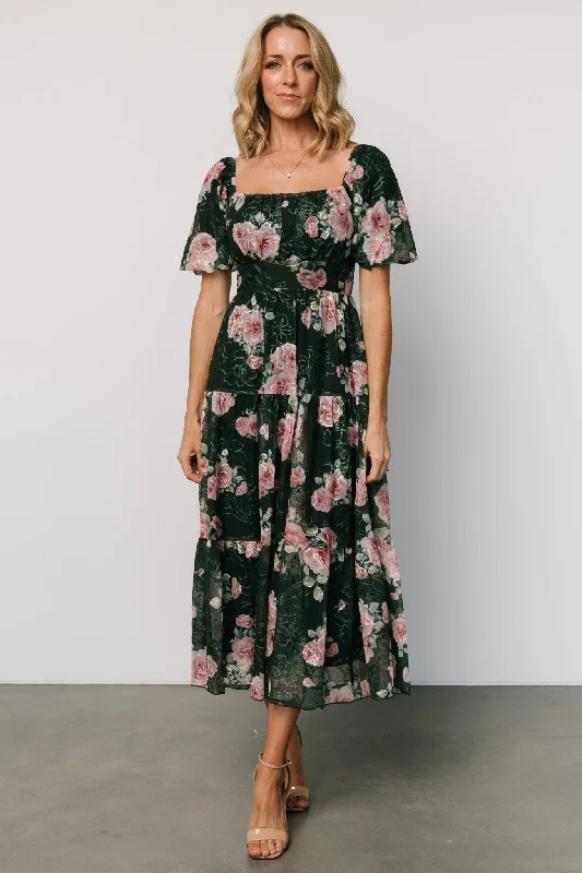 Chic & Cozy Collection Romantic Flair Annabeth Midi Dress | Dark Green + Pink