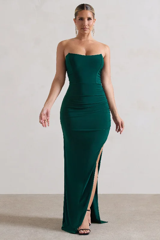 Retro Style Promotions Vintage Charm Eletta | Bottle Green Ruched Bandeau Asymmetric Maxi Dress