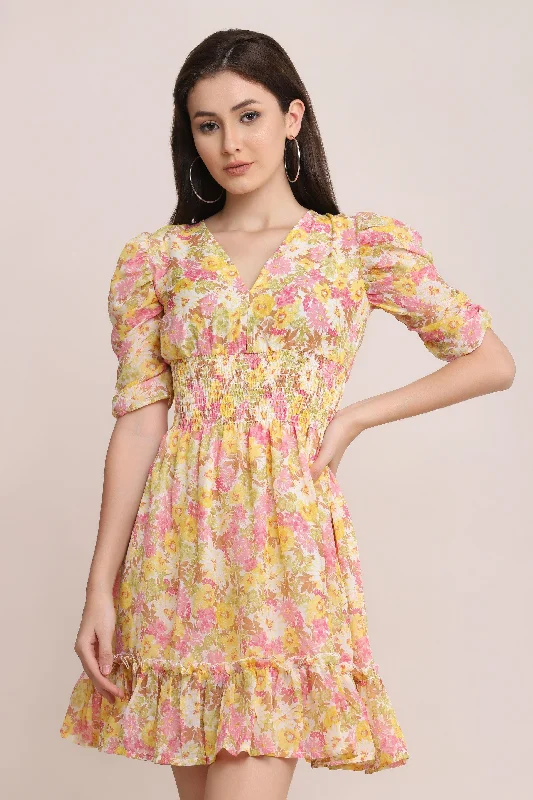 Contemporary Casual Deals Parisian Effortless Chic Style Floral Skater Dress - Lemon