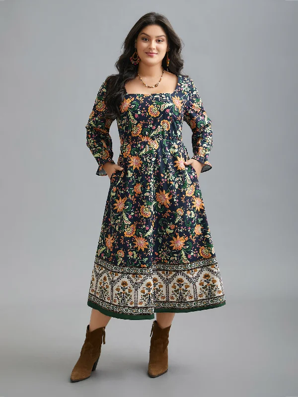 Massive Savings Romantic Detailing Square Neck Floral Boho Print Midi Dress