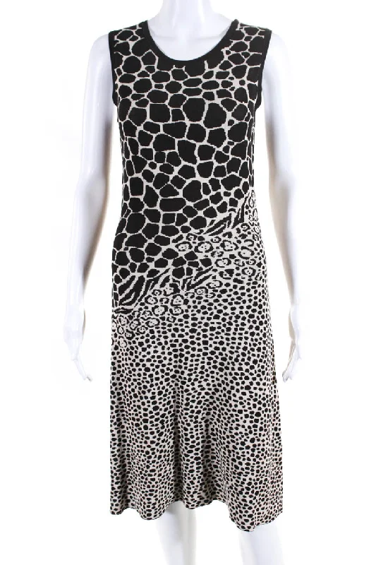 Luxury Fashion Contemporary Elegance Salvatore Ferragamo Womens Sleeveless Leopard Knit Dress Brown White