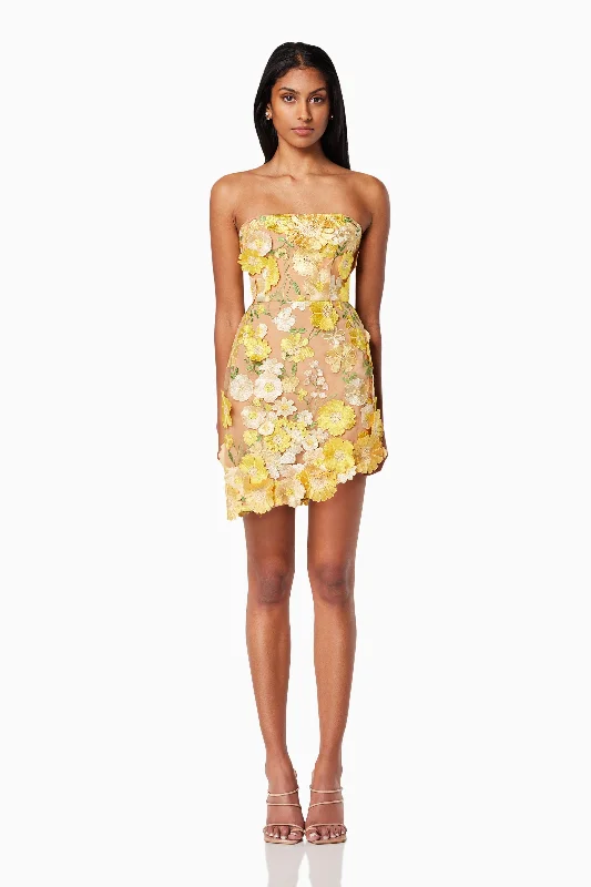 Seasonal Fashion Feminine Soft - Hued Look New-Age 3D Floral Mini Dress in Yellow