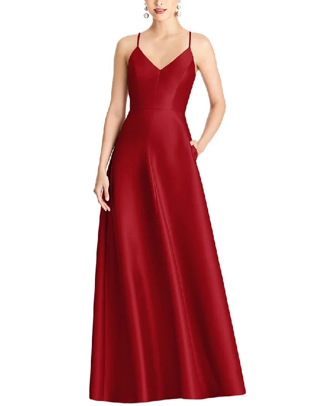 New Season Fashion Preview Sale Lightweight Fabric Alfred Sung V-Neck Full Skirt Satin Maxi Dress