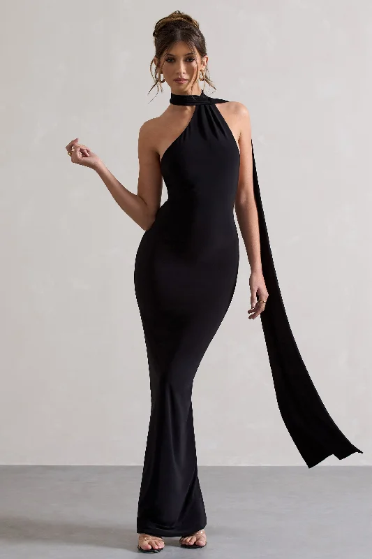 Laid-Back Fashion Offers Charming Silhouette Miss | Black One Shoulder Backless Maxi Dress With Scarf