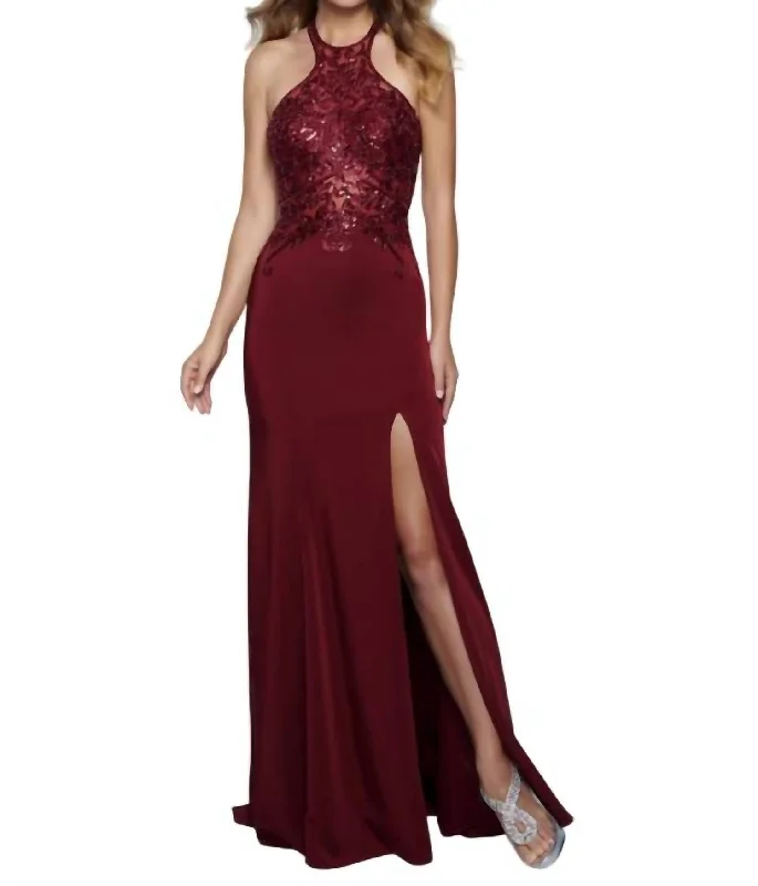 Huge Discounts This Week Cottagecore Rustic Charm Style Sequin Embellished Halter Gown In Marsala