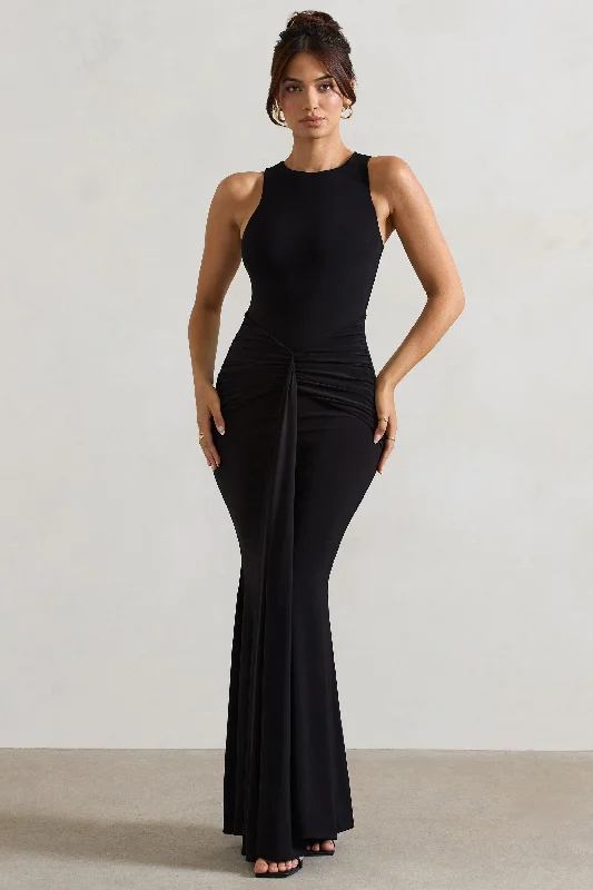 Seasonal Style Discounts Nordic Minimalist Home Look Maren | Black Racer-Neck Gathered Maxi Dress With Drape