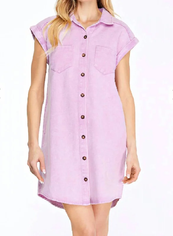 Premium Style Offers Everyday Glamour Button Down Twill Shirt Dress In Lavender