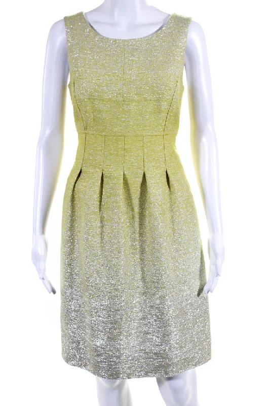 Elevated Casual Discounts Elegant Attire Lela Rose Womens Silk Pleated Front Sleeveless Dress Yellow Silver Metallic