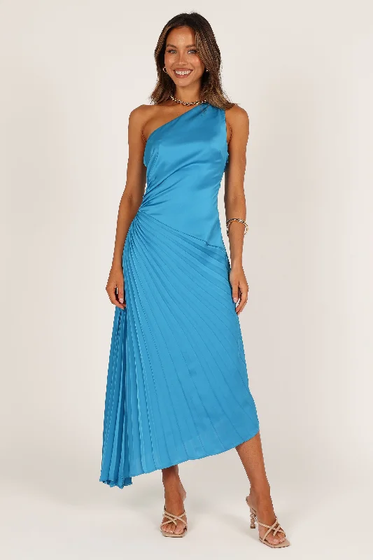 Flirty Fashion Discounts Minimalist Office - Ready Style Flin Pleated One Shoulder Midi Dress - Blue