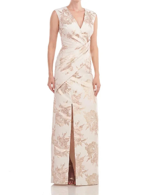 New In This Season Casual Chic Donna Column Gown In Champagne