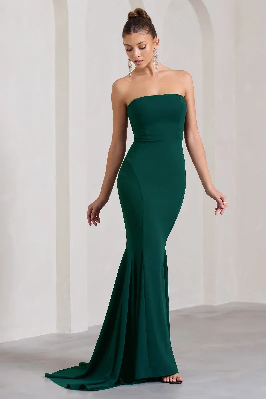 Classic Elegance Sales Effortless Comfort Impress Me | Bottle Green Strapless Bandeau Fishtail Maxi Dress