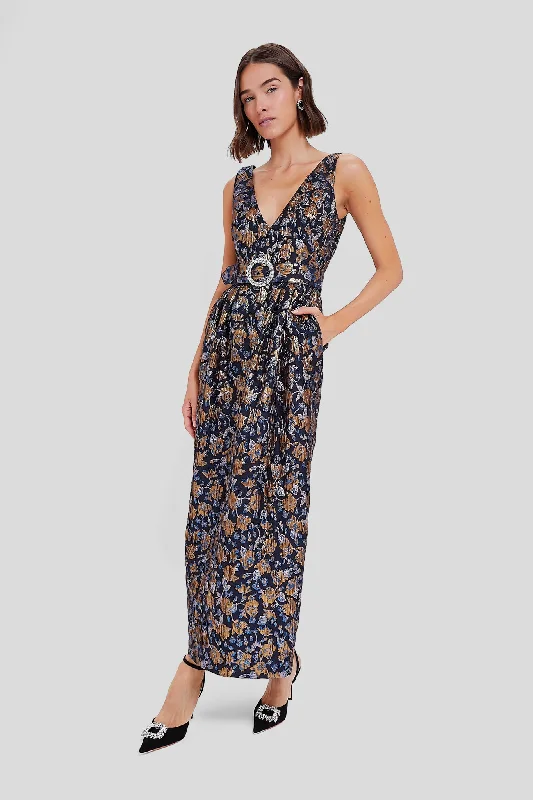 Seasonal Clearance Chic Sophistication Navy and Gold Jules Floral Jacquard Dress