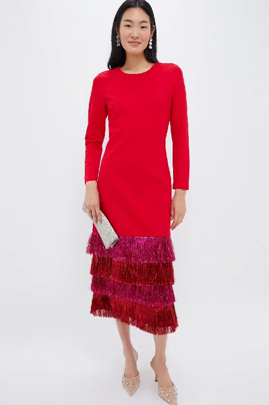 Huge Markdowns Feminine Elegant Red & Pink Metallic Fringe Francie Long Sleeve Maxi Dress