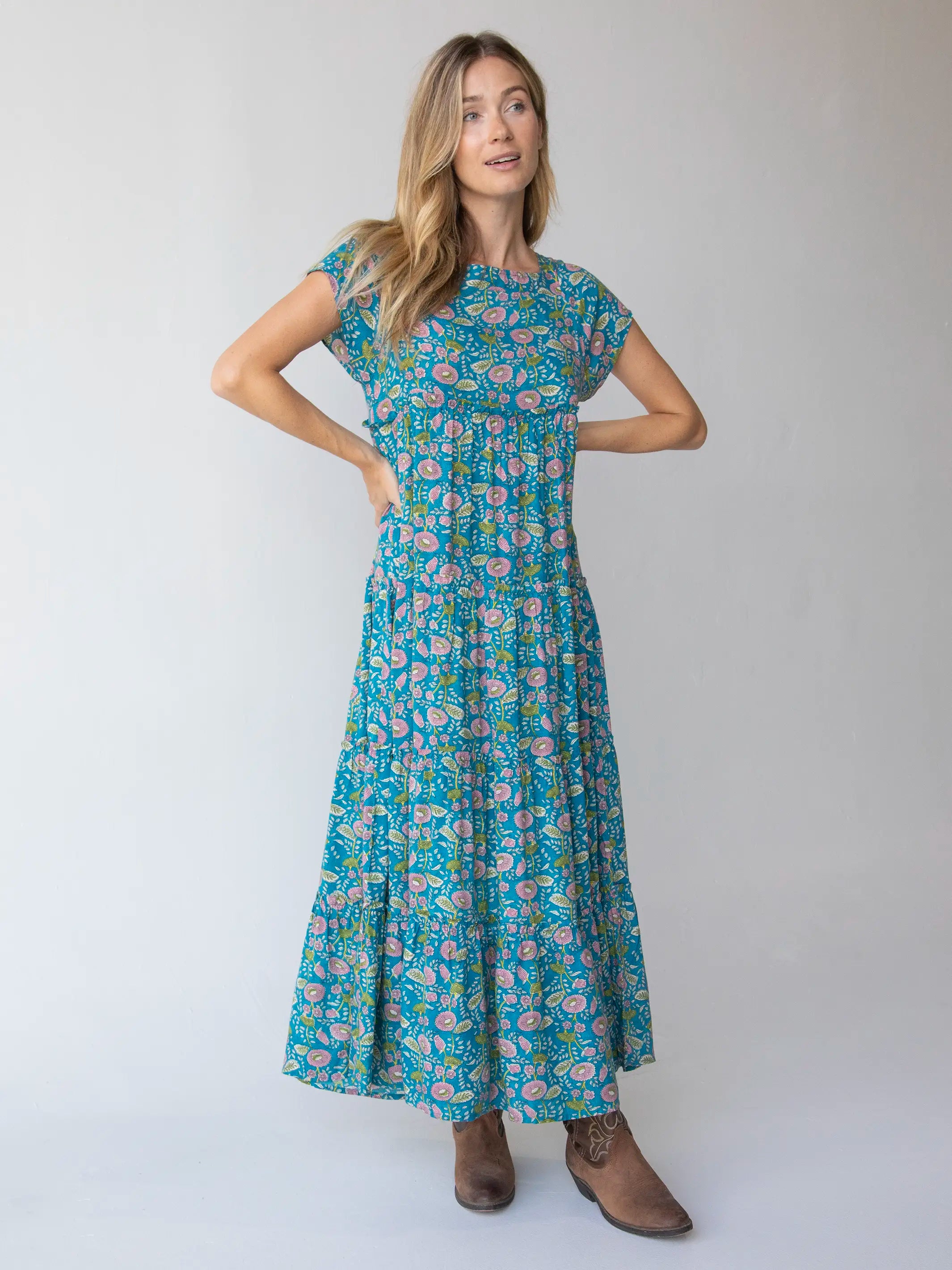 Unbeatable Deals Graceful Drape Berkley Maxi Dress - Blue Pink Floral Vines