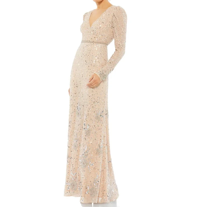 Catch Every Fashion Trend Vintage Charm Sequined Long Sleeve Evening Gown In Nude Silver