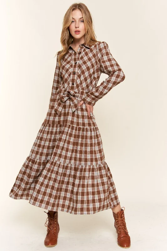 Buy More, Save More Boho Chic Hot Girl And the Why Plaid Tiered Shirt Midi Dress