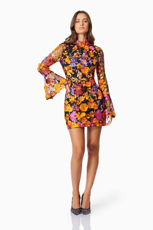 The Latest Trends Vintage Charm Alessandra Floral Long Sleeve Mini Dress In Orange