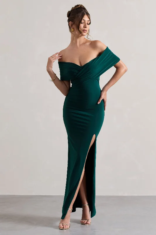 Daring Fashion Promotions Feminine Charm Refined | Bottle Green Twist Front Bardot Maxi Dress