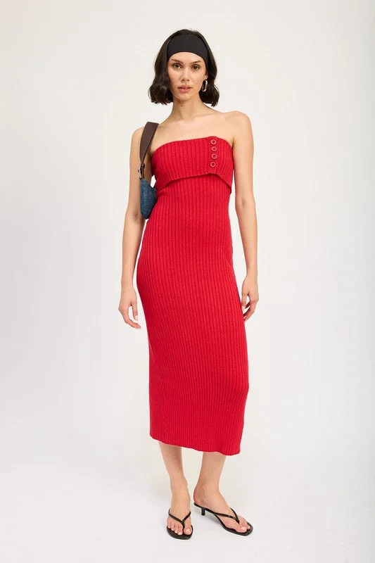 Exclusive Deals Online Bold Patterns Hot Girl Ruby Ribbed Strapless Midi Dress In Red