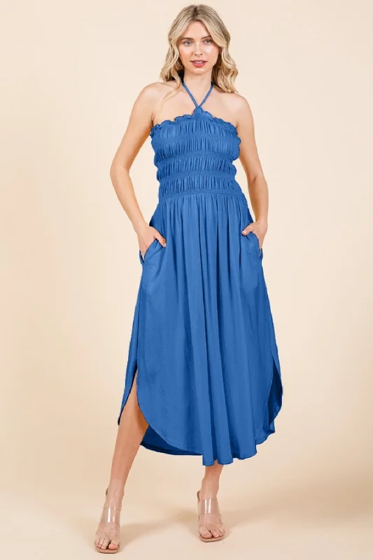 Huge Price Cut Elegant Attire Hot Girl Culture Code Shirring Halter Midi Dress with Pockets In Blue