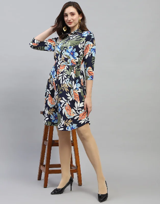 Quick Grab Deals Save on Classic Elegant Styles Women Navy Blue Floral Print Collar Neck 3/4 Sleeve Dress