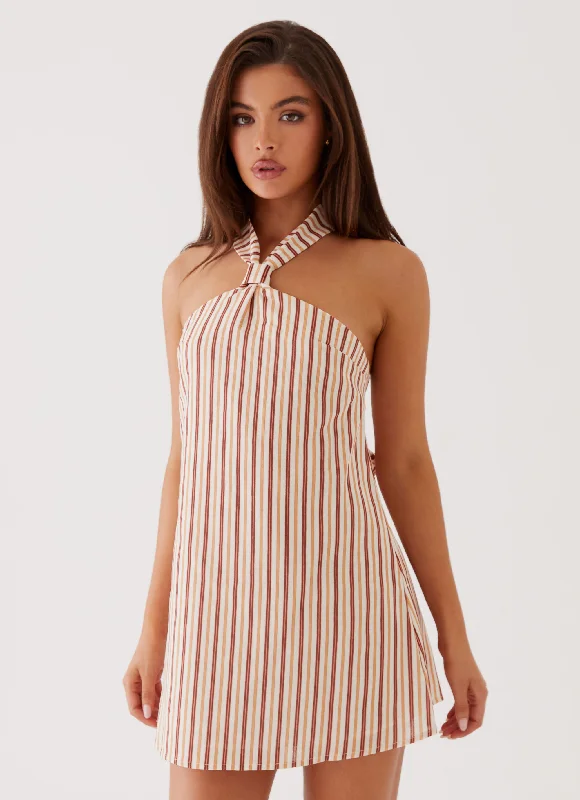 Trendy Looks On Sale Disco - Inspired Retro Dance Look Keira Linen Mini Dress - Passionfruit Stripe