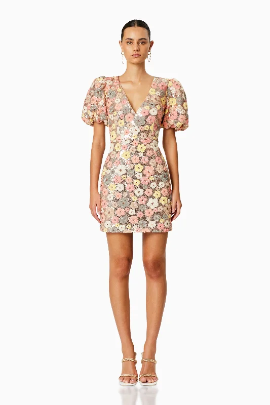 Latest Trends Disco - Inspired Retro Dance Look Garden Mini Puff Sleeve Dress In Florals