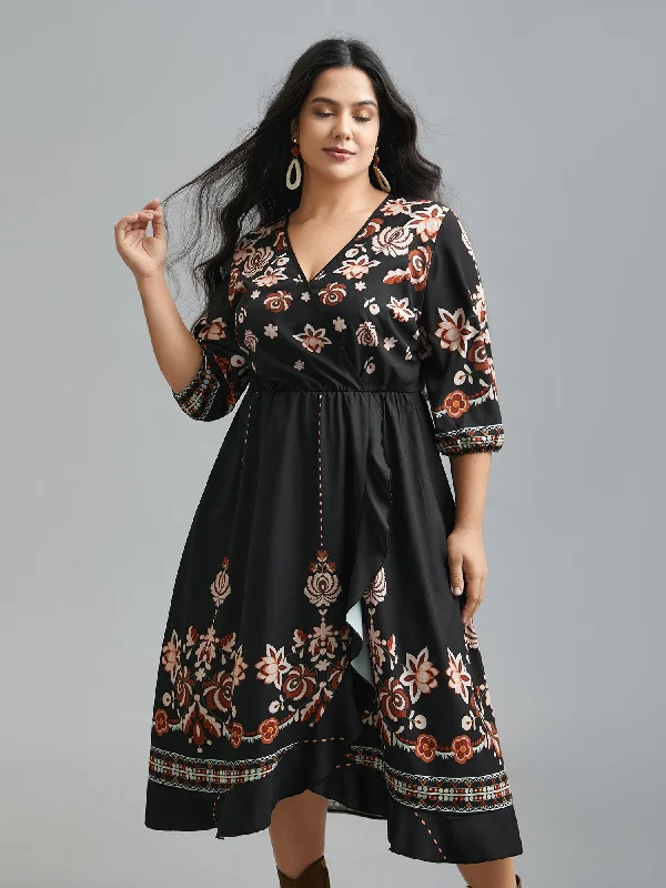 Don't Miss Out Flowy Fabric Floral Print Wrap Ruffled Hem Dress