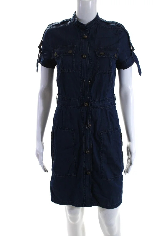 Buy More, Save More Romantic Date - Night Ensemble Lanvin Womens Blue Chambray Crew Neck Short Sleeve Denim Shirt Dress