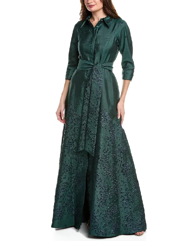 Limited Stock, Big Sale Disco - Inspired Retro Dance Look Teri Jon by Rickie Freeman Metallic Jacquard Shirt Gown