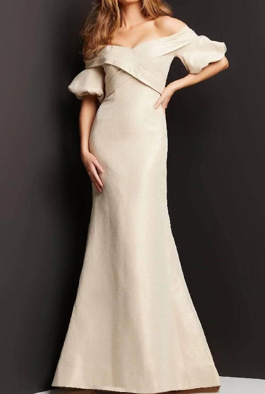 New Arrivals Sophisticated Cut Metallic Puff-Sleeve Off-Shoulder Gown In Champagne