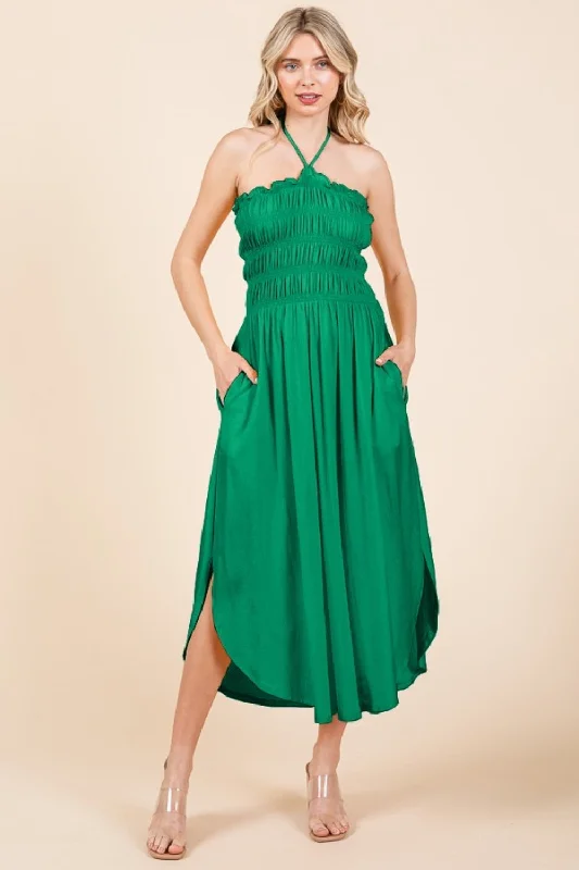 Limited Time Offer Vintage Look Hot Girl Culture Code Shirring Halter Midi Dress with Pockets In Green