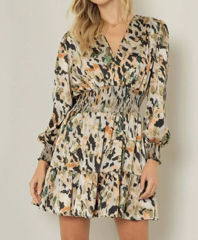 Sophisticated Fashion Elegant Ensemble Satin Animal And Camouflage Print Short Dress In Mocha Rust