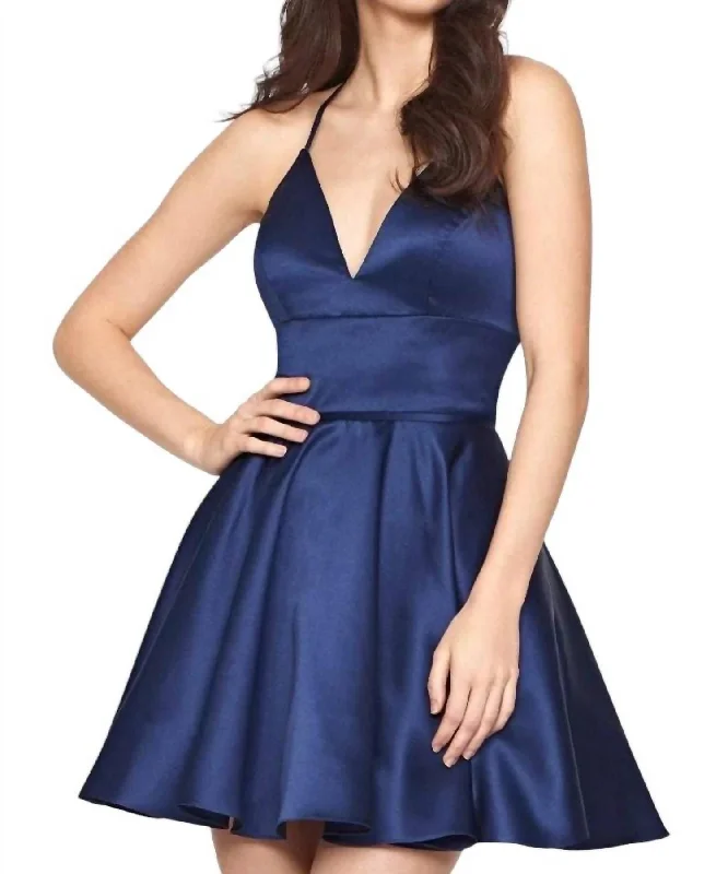 Sporty Fashion Offers Subtle Sophistication Deep V Babydoll Short Satin Dress In Navy