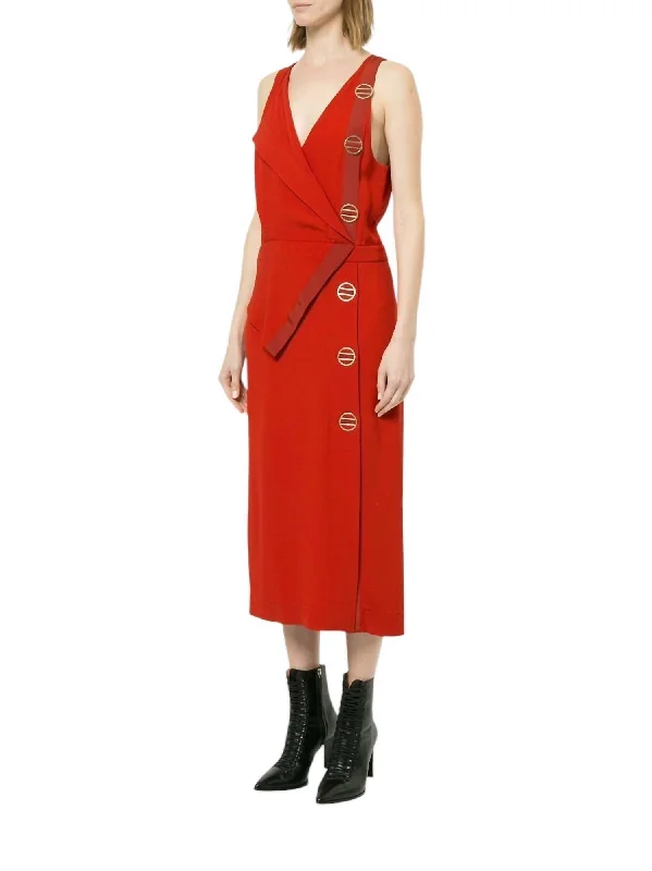 Sophisticated Street Style Offers Classic Timeless Elegant Style Folded Satin Crepe Sleeveless Midi Dress In Red