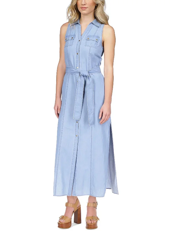 Limited Time Offers Charming Silhouette Petites Womens Chambray Sleeveless Shirtdress