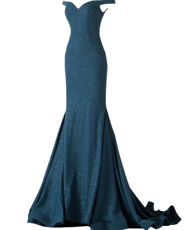 Ride The Style Wave Seasonal Trend Off-Shoulder Glittered Mermaid Gown In Peacock