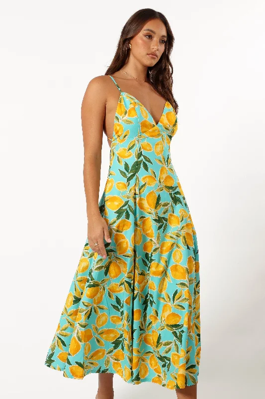 Hurry Before It'S Gone Big Savings on Minimalist Office Styles Emery Lemon Print Midi Dress - Sky Lemon