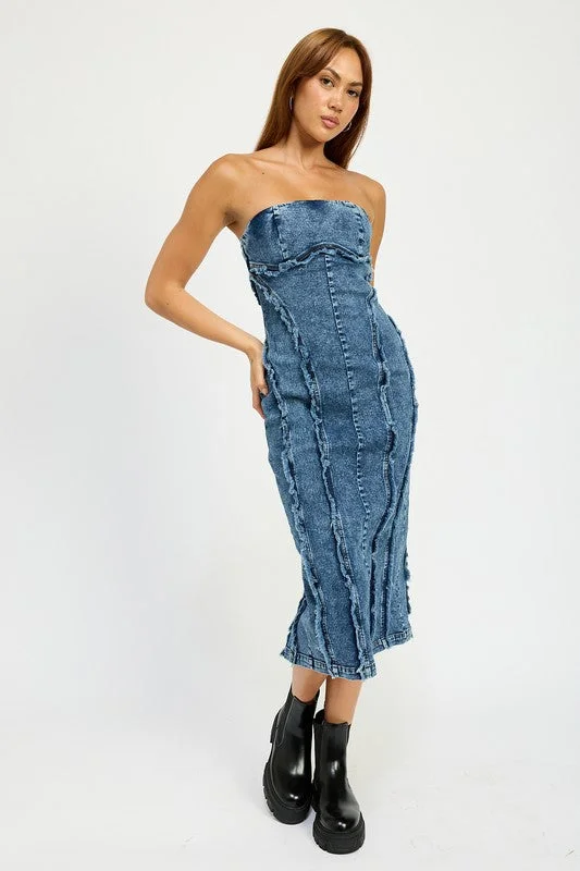 Essentials On Sale Fashion-Forward Style Hot Girl Frayed Seam Strapless Denim Midi Dress