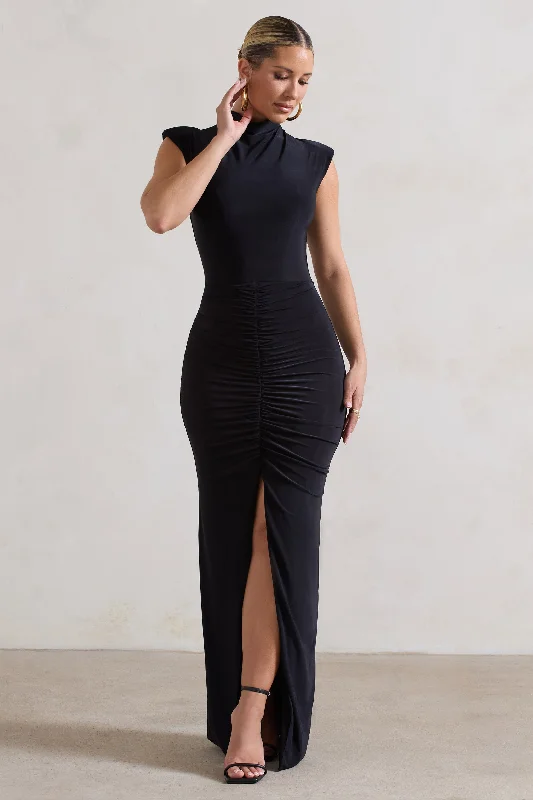 Fashion-Forward Offers Graceful Cut Samira | Black Ruched High-Neck Split Maxi Dress