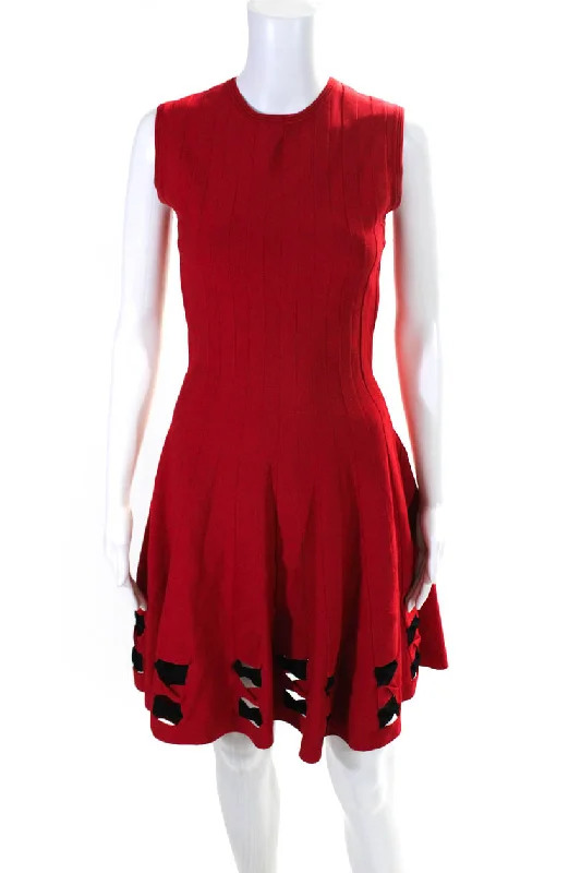 Trendy Looks On Sale Minimalist Office - Ready Style Alexander McQueen Womens Knit Cut Out Sleeveless A-Line Dress Red Black