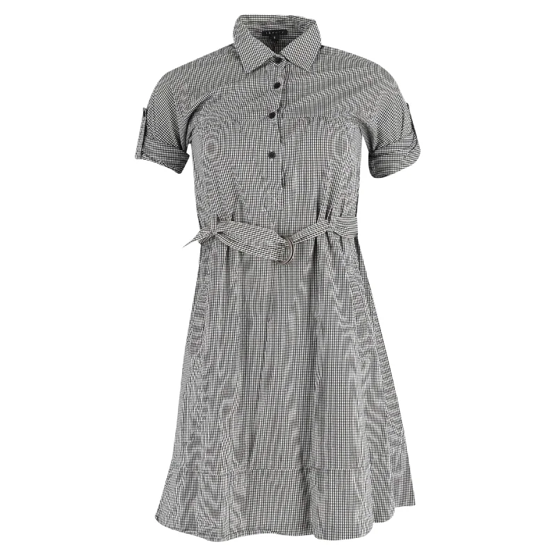 End-Of-Season Clearance Luxury Comfort Theory Mini Gingham Print Belted Shirt Dress in Black Cotton