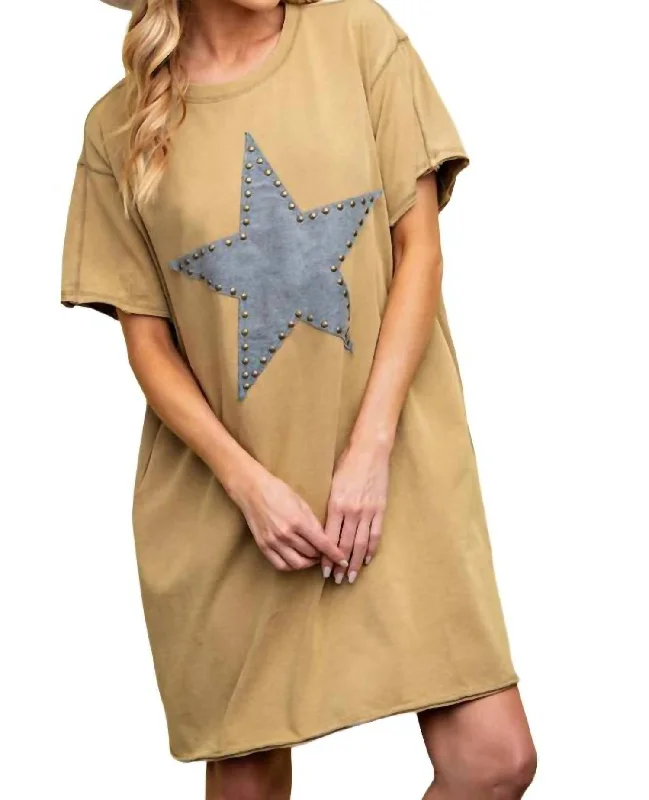 Fashion-Forward Offers Elegant Details Lucky Star Patch T-Shirt Dress In Latte