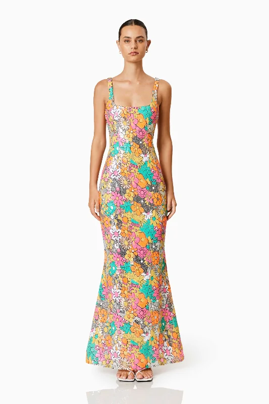 Big Savings Final Clearance Tiki Floral Sequin Fitted Maxi Dress In Florals