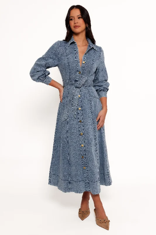 Ride The Style Wave Vintage Elegance Emberly Long Sleeve Maxi Dress - Denim