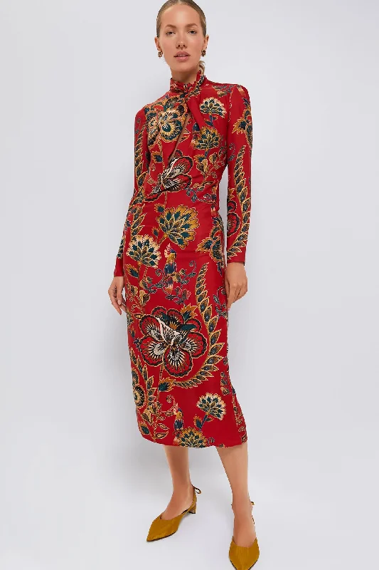 Limited Time Offer Big Savings on Minimalist Office Styles Red Floral Cutout Long Sleeve Midi Dress