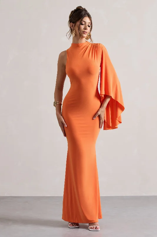 Ends Soon Effortless Sophistication Samaya | Orange High-Neck Cape-Sleeve Maxi Dress