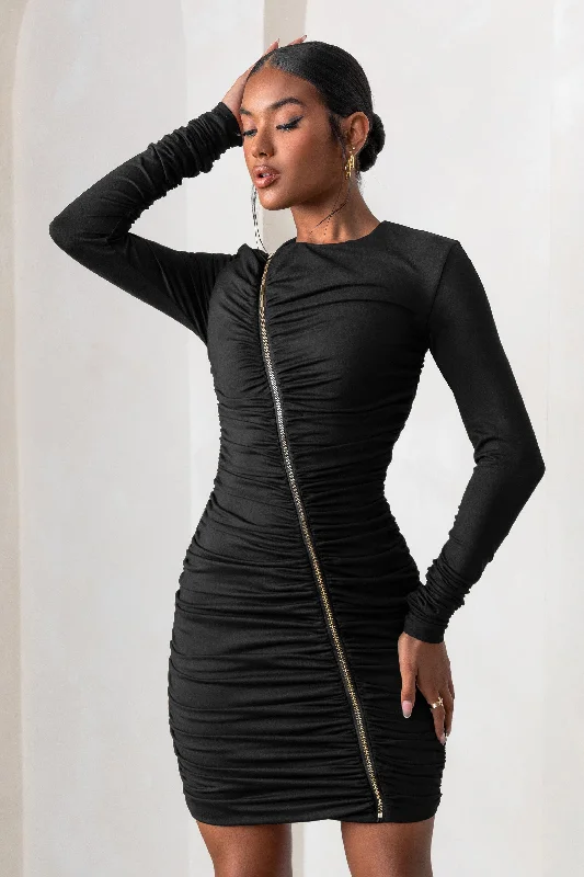 Bold Fashion Sales Elegant Contour Empowered | Black High Neck Long Sleeves Zip Detail Mini Dress