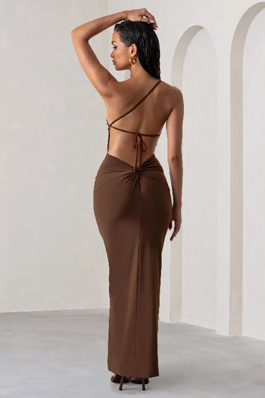 Statement Fashion Offers Polished Finish Dressing Up | Chocolate Brown One Shoulder Maxi Dress With Open Back Detail